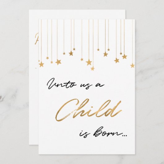 Ons Een kind wordt met handgeschreven Gold Kerstmi Feestdagenkaart (Voorkant / Achterkant)