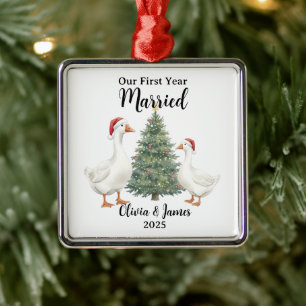 Ons Eerste Jaar Getrouwd Gans Kerstmis Metalen Ornament