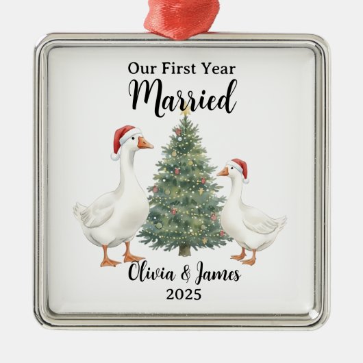 Ons eerste jaar getrouwde gans aangepast kerstfees metalen ornament (Voorkant)