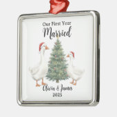Ons eerste jaar getrouwde gans aangepast kerstfees metalen ornament (Links)