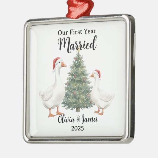 Ons eerste jaar getrouwde gans aangepast kerstfees metalen ornament (Links)