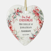 Ons eerste kerst winter bloemenhart keramisch ornament (Rechts)