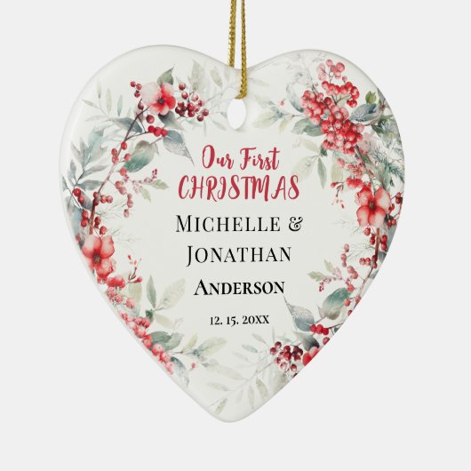 Ons eerste kerst winter bloemenhart keramisch ornament (Rechts)