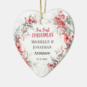 Ons eerste kerst winter bloemenhart keramisch ornament (Links)