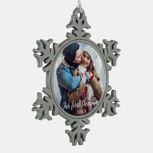 Ons eerste kerstcadeaufotoscript tin sneeuwvlok ornament (Links)