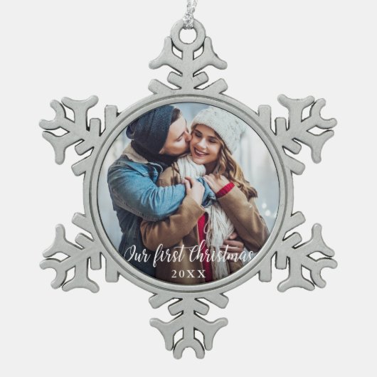 Ons eerste kerstcadeaufotoscript tin sneeuwvlok ornament (Voorkant)