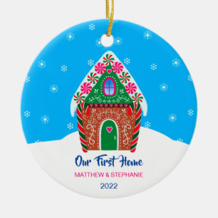 Ons eerste kerstcadeauhuis blauw keramisch ornament