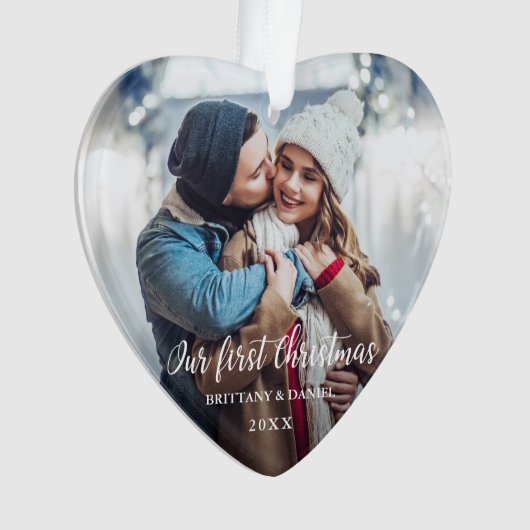 Ons eerste kerstcadeautje Foto rood hart Ornament (voorkant)