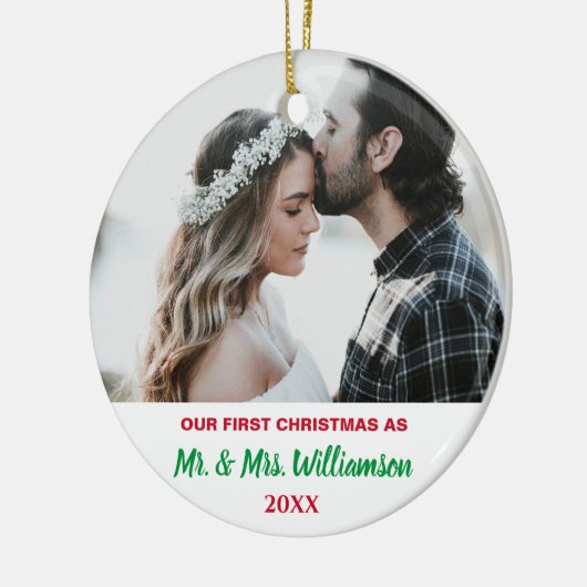 Ons eerste kerstcadeautje met foto's met huwelijks keramisch ornament (Links)