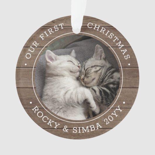 Ons eerste kerstfeest 2-gezelschapsfoto Rustisch f Ornament (voorkant)