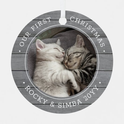 Ons eerste kerstfeest 2-gezelschapsfotografie grij metalen ornament (Voorkant)