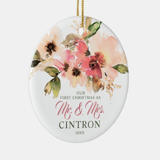 Ons eerste kerstfeest als de heer & mevrouw Peach  Keramisch Ornament (Rechts)