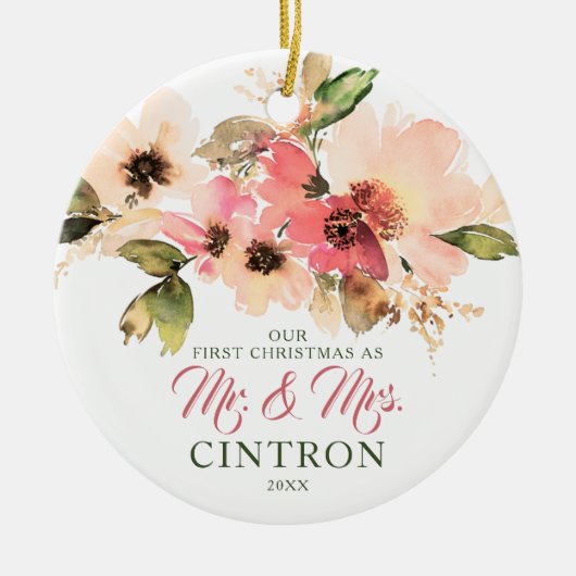 Ons eerste kerstfeest als de heer & mevrouw Peach  Keramisch Ornament (Voorkant)