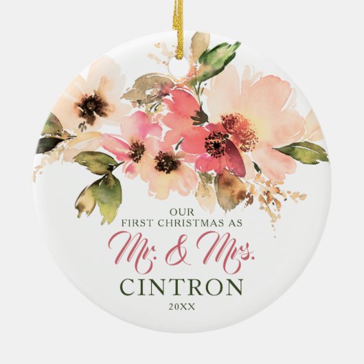 Ons eerste kerstfeest als de heer & mevrouw Peach  Keramisch Ornament (Achterkant)