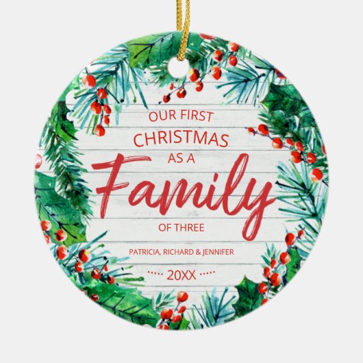 Ons eerste kerstfeest als familie van drie rituele keramisch ornament (Voorkant)