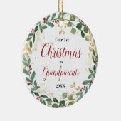 Ons eerste kerstfeest als grootouders groen goud keramisch ornament (Rechts)