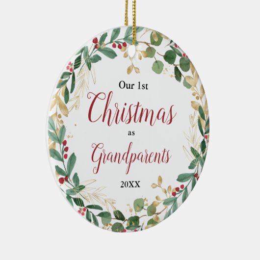 Ons eerste kerstfeest als grootouders groen goud keramisch ornament (Rechts)