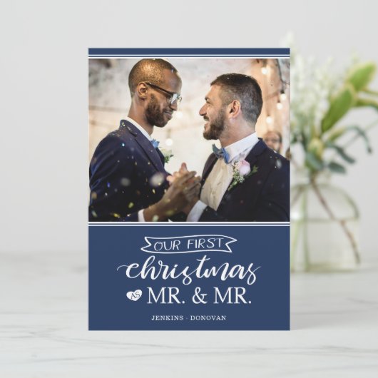 Ons eerste kerstfeest als Mr. & Mr. Feestdagenkaart (Staand voorkant)