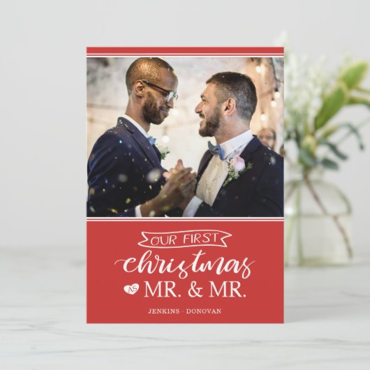 Ons eerste kerstfeest als Mr. & Mr. Feestdagenkaart (Staand voorkant)