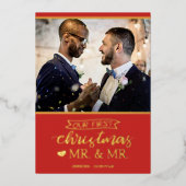 Ons eerste kerstfeest als Mr & Mr gay bruiloft Folie Feestdagenkaart (Voorkant)