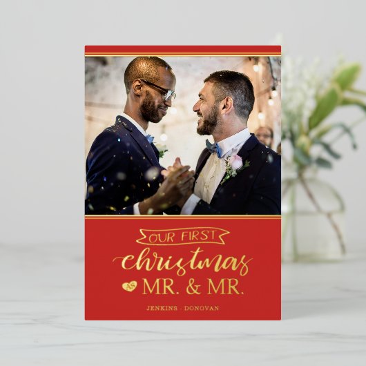 Ons eerste kerstfeest als Mr & Mr gay bruiloft Folie Feestdagenkaart (Staand Voorkant)