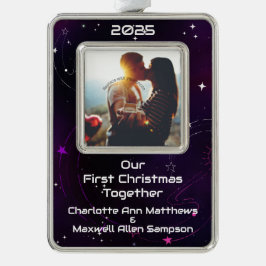 Ons eerste kerstfeest als stel in de buitenruimte verzilverd omlijst ornament