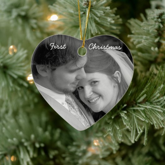 Ons eerste kerstfeest Blauwgroen Damasfoto Ornamen Keramisch Ornament (Boom)