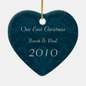 Ons eerste kerstfeest Blauwgroen Damasfoto Ornamen Keramisch Ornament (Achterkant)