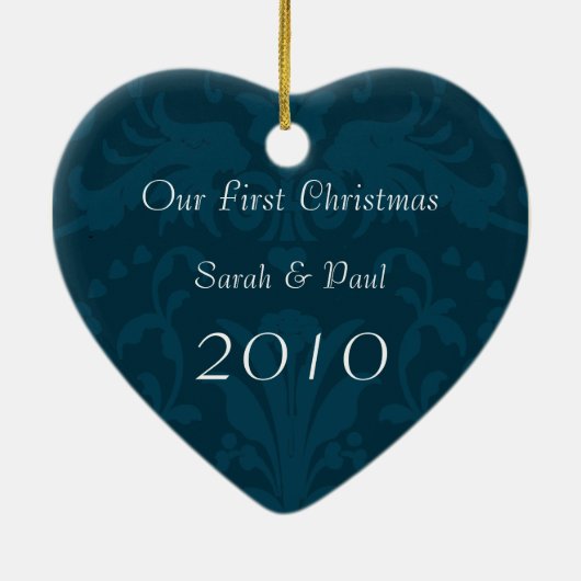 Ons eerste kerstfeest Blauwgroen Damasfoto Ornamen Keramisch Ornament (Achterkant)