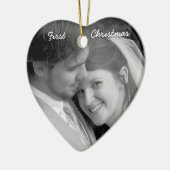 Ons eerste kerstfeest Blauwgroen Damasfoto Ornamen Keramisch Ornament (Links)