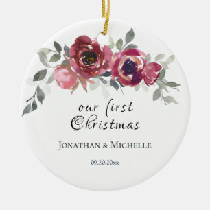 Ons eerste kerstfeest Christelijke Floral Weddensc Keramisch Ornament