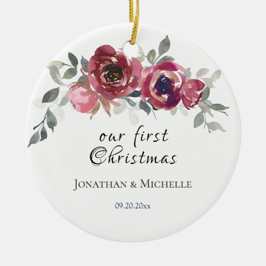 Ons eerste kerstfeest Christelijke Floral Weddensc Keramisch Ornament (Voorkant)