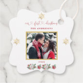 Ons eerste kerstfeest Floral Snowflake Foto bruilo Bedankjes Labels (Achterkant)