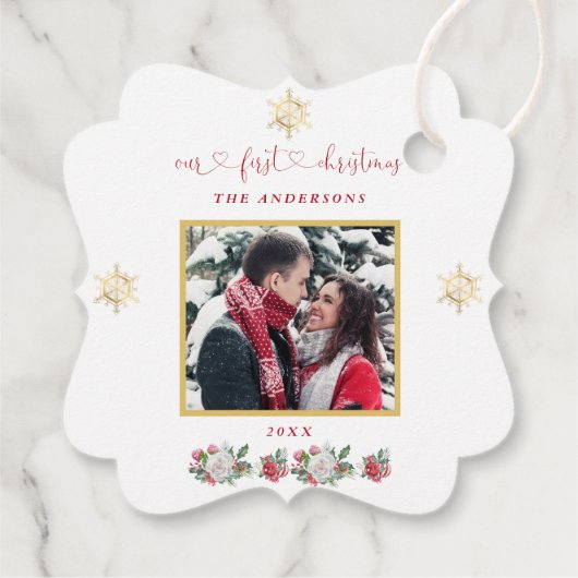 Ons eerste kerstfeest Floral Snowflake Foto bruilo Bedankjes Labels (Achterkant)