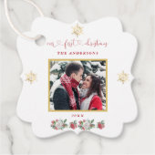 Ons eerste kerstfeest Floral Snowflake Foto bruilo Bedankjes Labels (Voorkant)