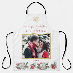 Ons eerste kerstfeest Floral Snowflake Foto bruilo Schort