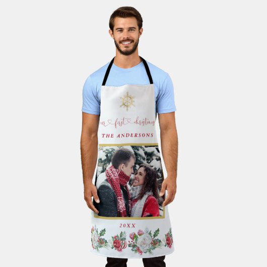 Ons eerste kerstfeest Floral Snowflake Foto bruilo Schort (Gedragen)
