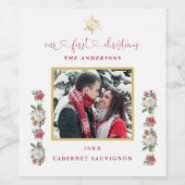 Ons eerste kerstfeest Floral Snowflake Foto bruilo Wijn Etiket (Enkel label)