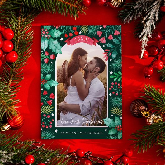 Ons eerste kerstfeest getrouwd aquarel foto feestdagenkaart