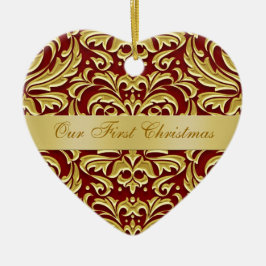 Ons eerste kerstfeest met Red Gold Damask-versieri Keramisch Ornament