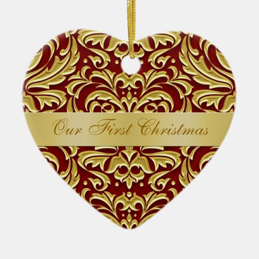 Ons eerste kerstfeest met Red Gold Damask-versieri Keramisch Ornament (Voorkant)
