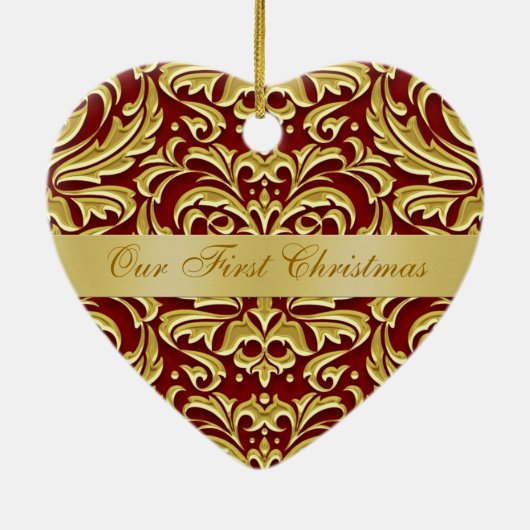 Ons eerste kerstfeest met Red Gold Damask-versieri Keramisch Ornament (Achterkant)