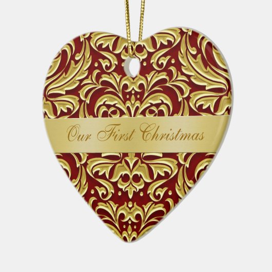 Ons eerste kerstfeest met Red Gold Damask-versieri Keramisch Ornament (Links)