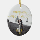 Ons eerste kerstfeest Mr. Mrs. Photo Ceramic Ornam Keramisch Ornament (Rechts)