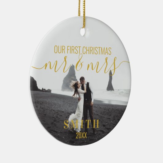 Ons eerste kerstfeest Mr. Mrs. Photo Ceramic Ornam Keramisch Ornament (Rechts)