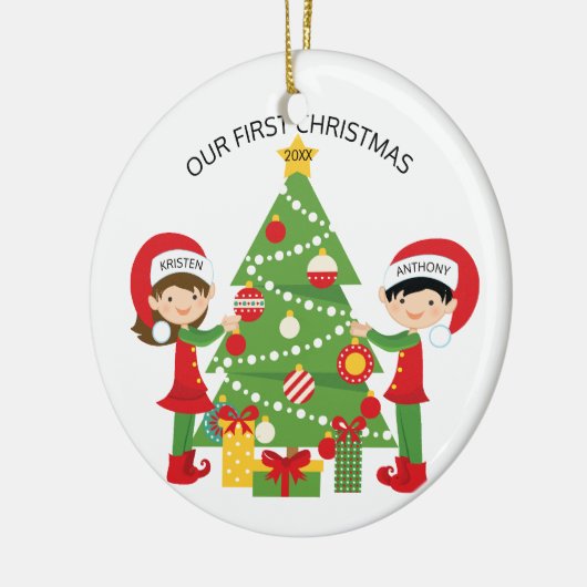 Ons eerste kerstfeest op maat keramisch ornament (Links)