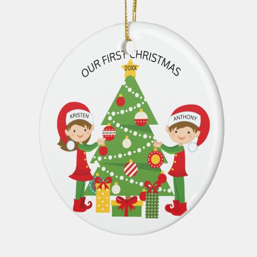 Ons eerste kerstfeest op maat keramisch ornament (Links)