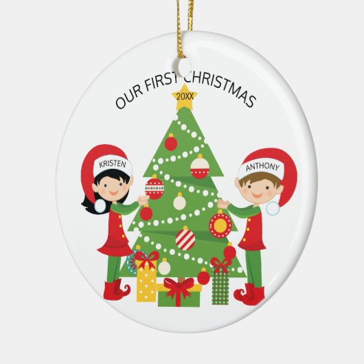 Ons eerste kerstfeest op maat keramisch ornament (Links)