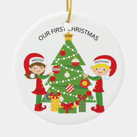 Ons eerste kerstfeest op maat keramisch ornament (Voorkant)