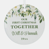 Ons eerste kerstfeest samen gepersonaliseerd paar glas ornament (Voorkant)